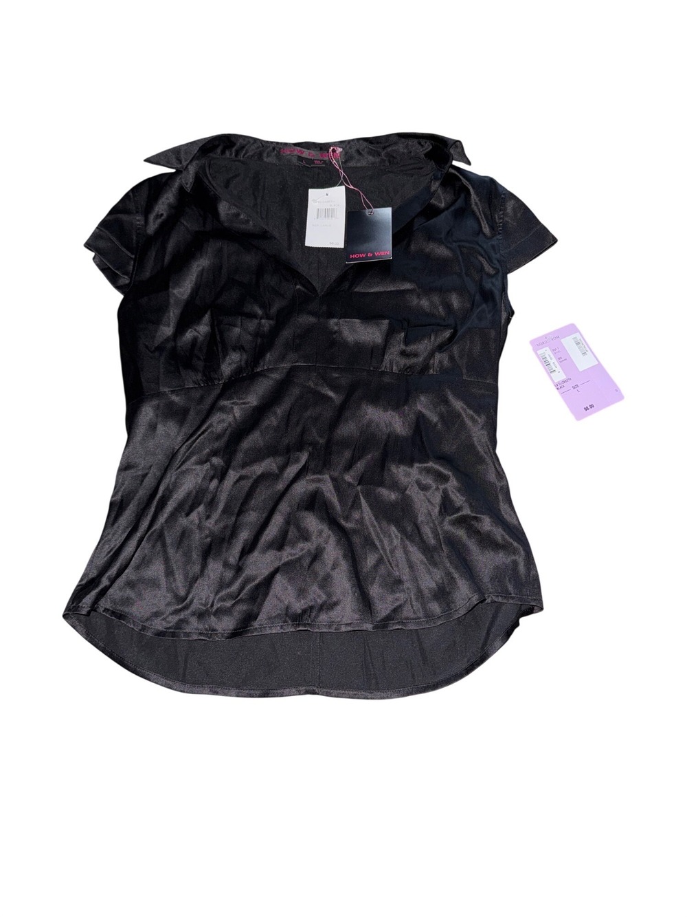 How & Wen Black Satin Short Sleeve Blouse Size Large Nordstrom Tag Womens Wear